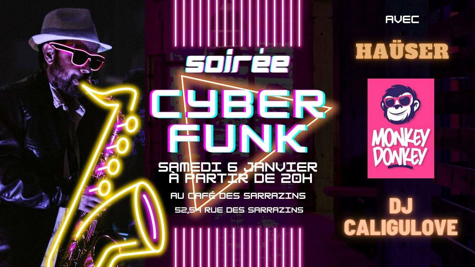 Affiche néon de la soirée Cyberfunk